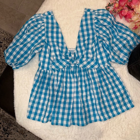 Lilly Pulitzer Tops - Lilly Pulitzer Blue Checkered Puff Sleeve Blouse Size 4